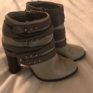 Gray heeled booties